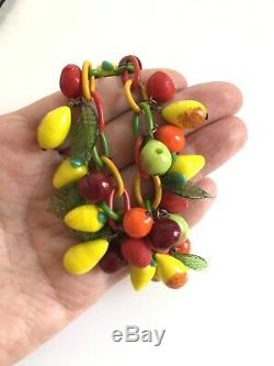Vtg Tutti Frutti Retro Festive Venetian Murano Art Glass Fruit & Leaves Necklace