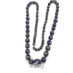 Vtg Venetian Wedding Cake Art Glass Blue Beads Necklace Pink Roses Murano Italy