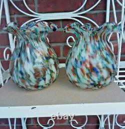 Wonderful Pair of Vintage Murano Splatter Glass Ruffle Rimmed Vases 8 x 6.25