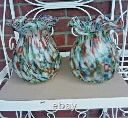 Wonderful Pair of Vintage Murano Splatter Glass Ruffle Rimmed Vases 8 x 6.25