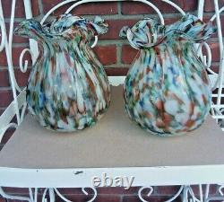 Wonderful Pair of Vintage Murano Splatter Glass Ruffle Rimmed Vases 8 x 6.25