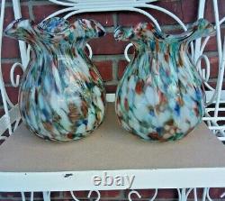 Wonderful Pair of Vintage Murano Splatter Glass Ruffle Rimmed Vases 8 x 6.25